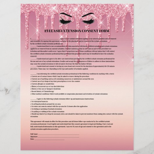 Drijvende Glitter EYELASH EXTENSION CONSENT FORM Flyer (Voorkant)