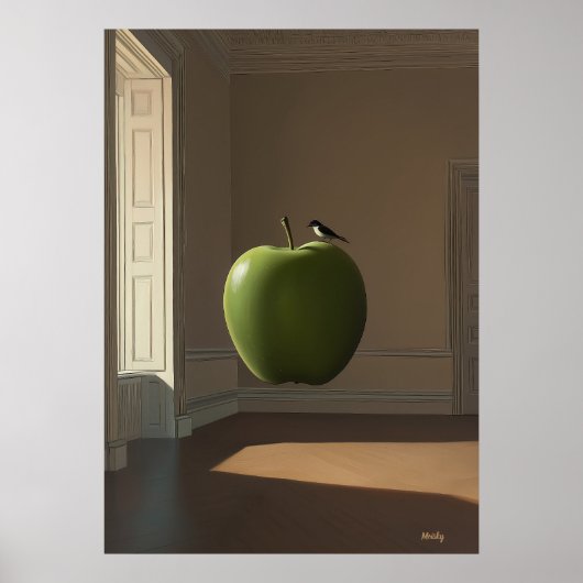 Drijvende Groene Appel en Vogel – Surrealistische Poster (Voorkant)