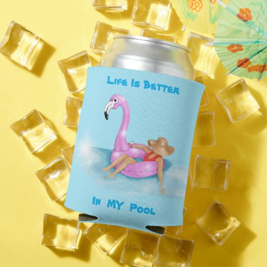 Drijvende in de pool in Hot Pink Flamingo Float, C Blikjeskoeler (Insitu Zomer)