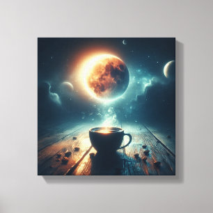 Drijvende Maan Boven Koffie Fantasie Scene Canvas Afdruk