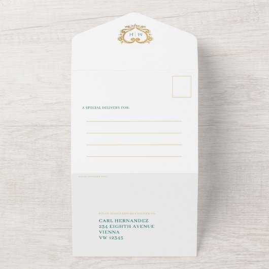 Drijvende maragdgroen witte gouden monogram QR All In One Uitnodiging (Buitenkant)