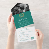 Drijvende maragdgroen witte gouden monogram QR All In One Uitnodiging (Afscheurbaar)