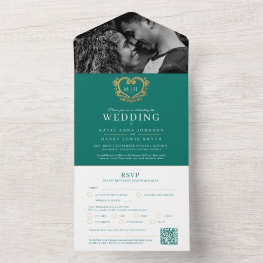 Drijvende maragdgroen witte gouden monogram QR All In One Uitnodiging (Binnen)
