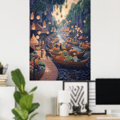 Drijvende markt scene in pointillistische stijl poster (Thuiskantoor)
