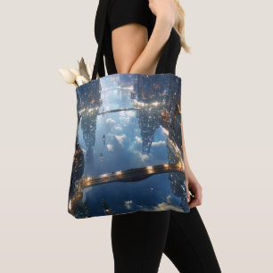 Drijvende metropolis in de lucht tote bag