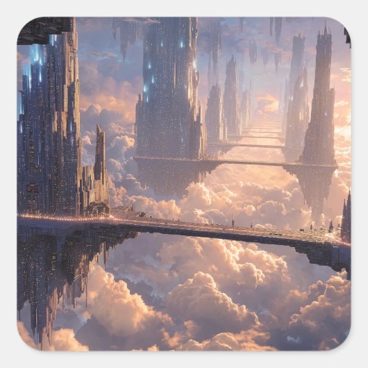 Drijvende metropolis in de wolken vierkante sticker (Voorkant)