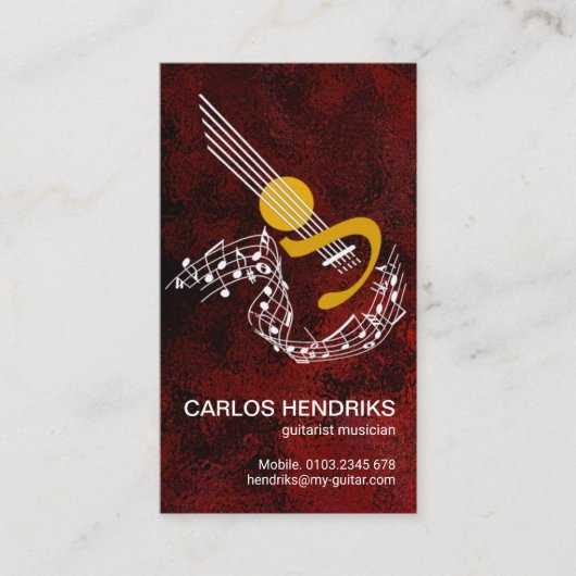 Drijvende Muzieknoten Guitar Riffs Red Grunge Visitekaartje (Voorkant)