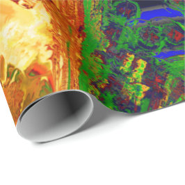 Drijvende of maskerpartij van verf, groen en oranj cadeaupapier