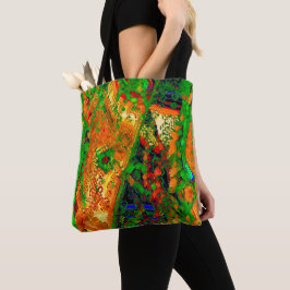 Drijvende of maskerpartij van verf, groen en oranj tote bag