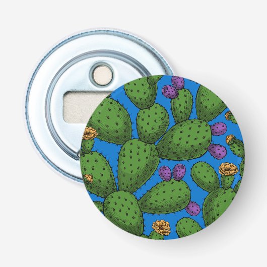 Drijvende opuntia op blauw button flesopener (Voorkant)