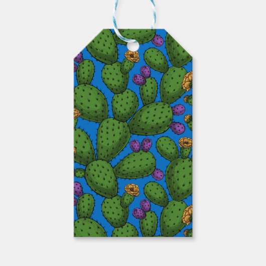 Drijvende opuntia op blauw cadeaulabel (Voorkant)