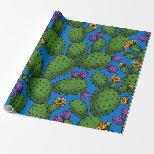 Drijvende opuntia op blauw cadeaupapier (Uitgerold)