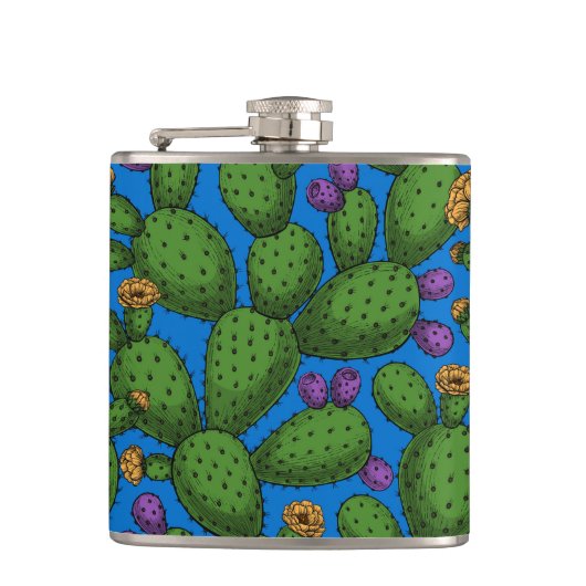 Drijvende opuntia op blauw heupfles (Voorkant)