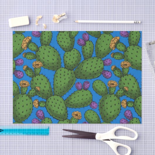 Drijvende opuntia op blauw tissuepapier (Craft)