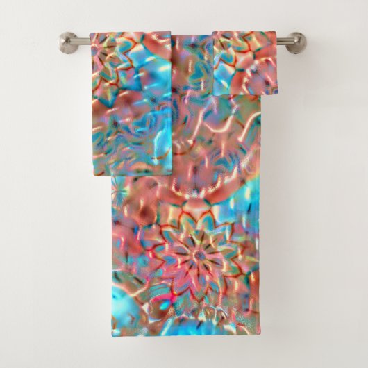 Drijvende perziken en aqua onder gehammerd glas bad handdoek (Insitu)