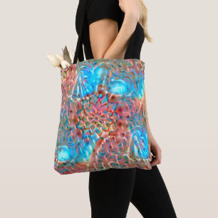 Drijvende perziken en aqua onder gehammerd glas tote bag