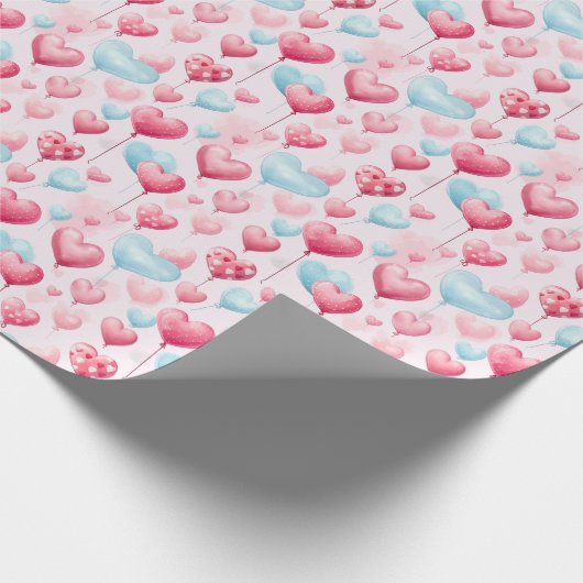 Drijvende roze en blauwe hartballonnen cadeaupapier (Hoek)