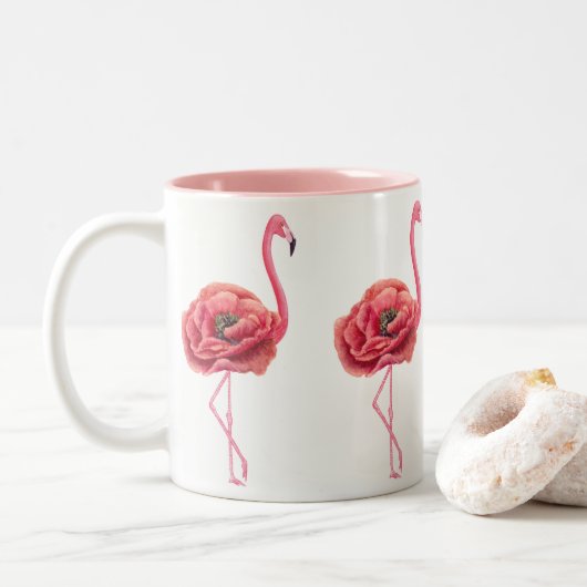 Drijvende roze flamingos Gift Tweekleurige Koffiemok (Met donut)