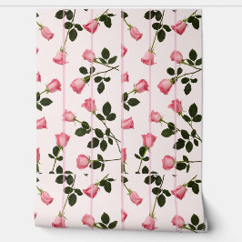 Drijvende Rozen met roze strepen Behang