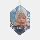 Drijvende Sneeuwvlokken Baby Foto toevoegen naam & Glas Ornament (Voorkant links)