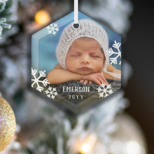 Drijvende Sneeuwvlokken Baby Foto toevoegen naam & Glas Ornament