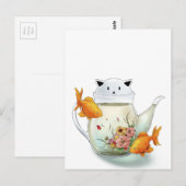 Drijvende thee in een kat theepot en goudvis briefkaart (Voorkant / Achterkant)