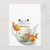 Drijvende thee in een kat theepot en goudvis briefkaart (Voorkant)
