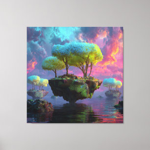 Drijvende Turquoise Boom Eilanden Neon Hemel Canvas Afdruk