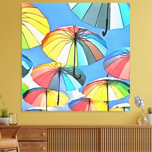 Drijvende Umbrella Sky Whimsical Parasols Art Canvas Afdruk (Insitu (Woonkamer))