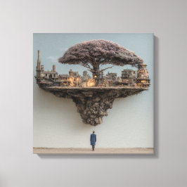 Drijvende verwoeste stad Bloesem Boom Surrealistis Canvas Afdruk
