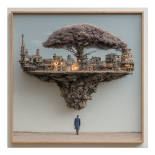 Drijvende verwoeste stad Bloesem Boom Surrealistis Foto Afdruk