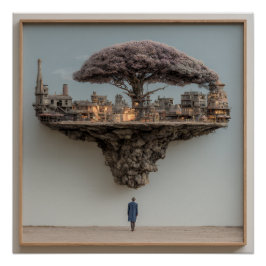 Drijvende verwoeste stad Bloesem Boom Surrealistis Perfect Poster