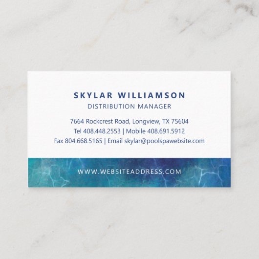 Drijvende Vrouw Blauw Water Ripples Pool & Spa Visitekaartje (Achterkant)