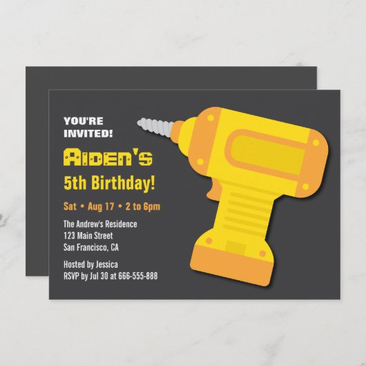 Drill Tool Boys Birthday Party-uitnodigingen Kaart (Voorkant / Achterkant)