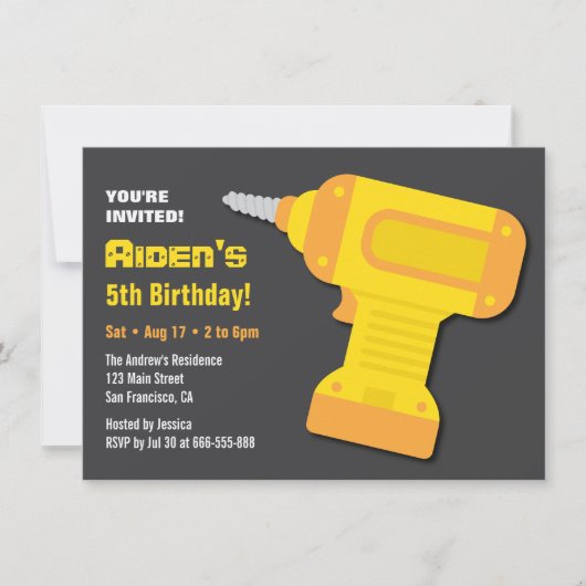 Drill Tool Boys Birthday Party-uitnodigingen Kaart (Voorkant)