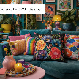 Drillerige multicolor bloem op zwart patroon kussen