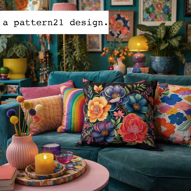 Drillerige multicolor bloem op zwart patroon kussen (Creator heeft geüpload)