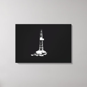 Drilling Rig Silhouet Wit op Zwart Canvas Afdruk