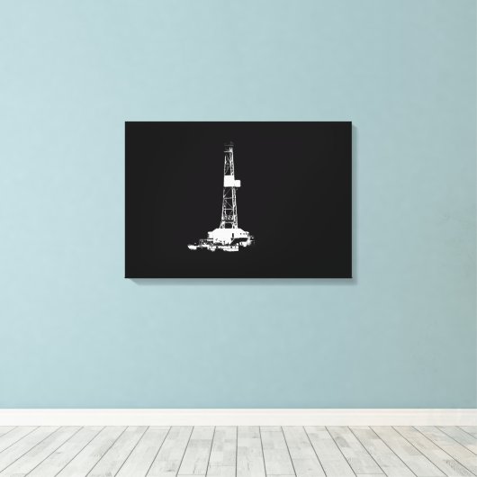 Drilling Rig Silhouet Wit op Zwart Canvas Afdruk (Insitu (Houten vloer))
