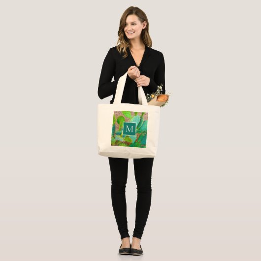 Dringende botanische monogram groene cactus grote tote bag (Voorkant (model))