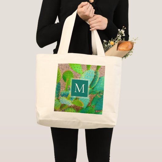 Dringende botanische monogram groene cactus grote tote bag (Voorkant (product))