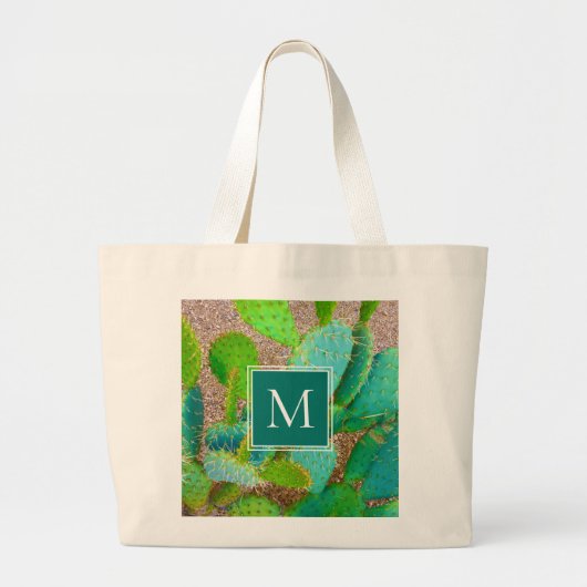 Dringende botanische monogram groene cactus grote tote bag (Voorkant)