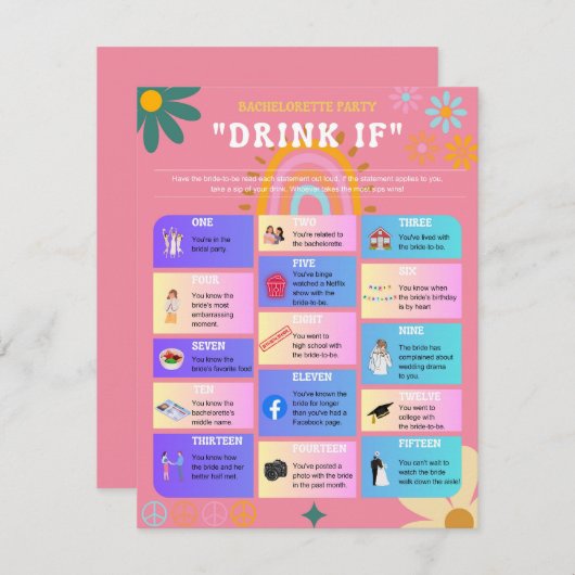 Drink Als Bachelorette Party Spel Informatiekaartje (Voorkant / Achterkant)