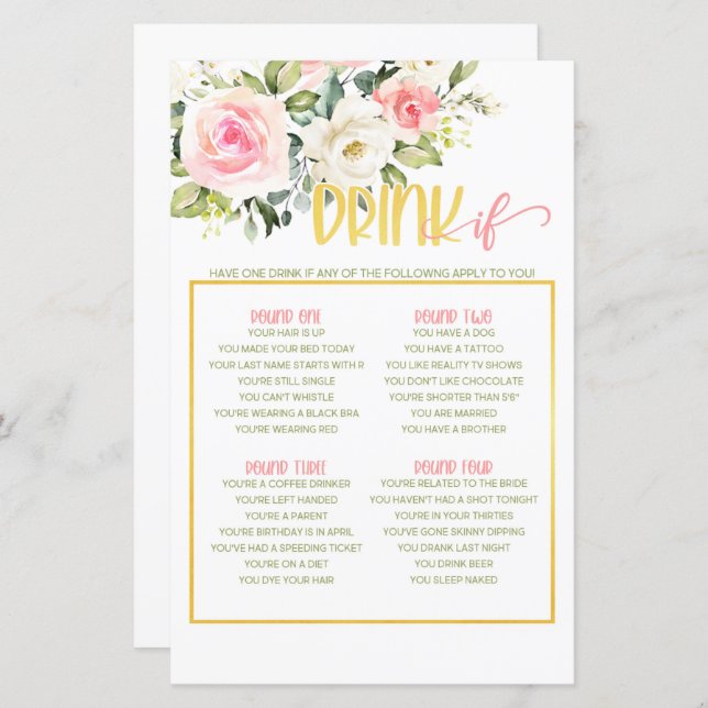 Drink als game - Roze Floral & Gold (Voorkant / Achterkant)