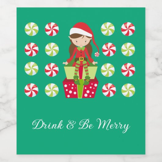 Drink and Be Merry Female Christmas Elf Custom  Wijn Etiket (Enkel label)