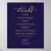 Drink Bar Gold Script Navy Blue Wedding Sign Poster (Voorkant)