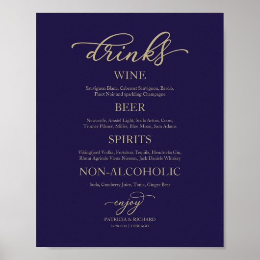Drink Bar Gold Script Navy Blue Wedding Sign Poster (Voorkant)