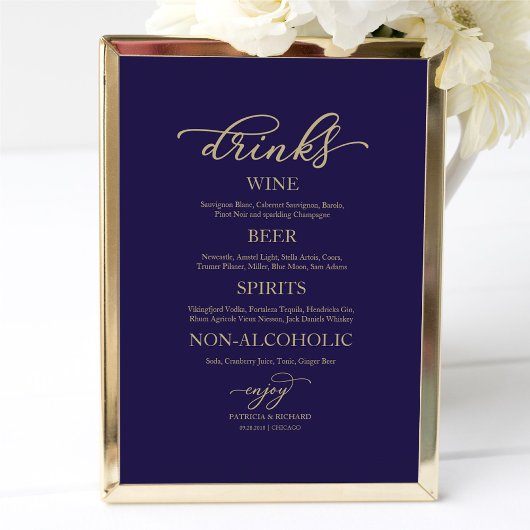 Drink Bar Gold Script Navy Blue Wedding Sign Poster