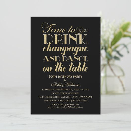 Drink Champagne Dansen Zwart Goud Glitters Kaart (Staand voorkant)