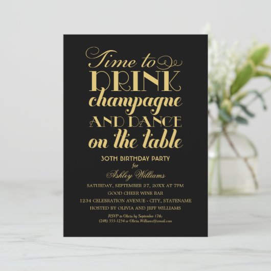 Drink Champagne Dansen Zwart Goud Kaart (Staand voorkant)
